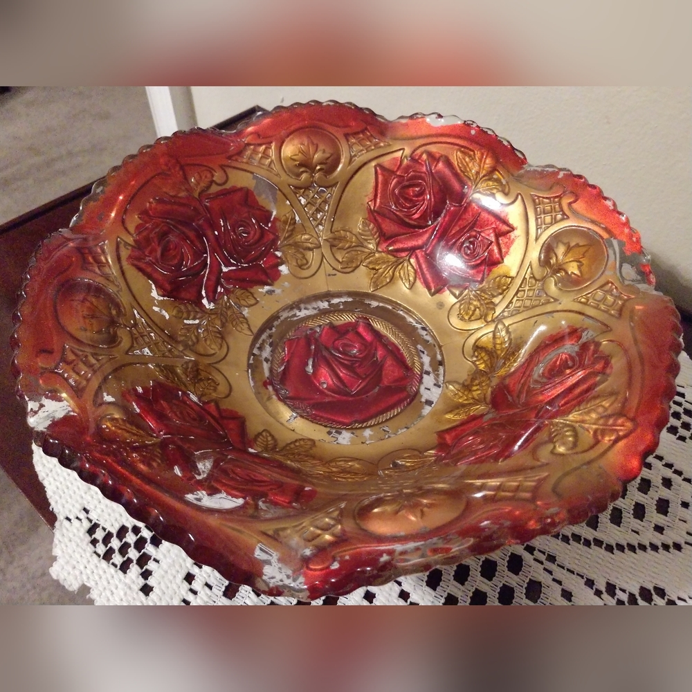 Vintage 9" Indiana Goofus Glass Red and Gold Roses in the Snow Bowl Scalloped